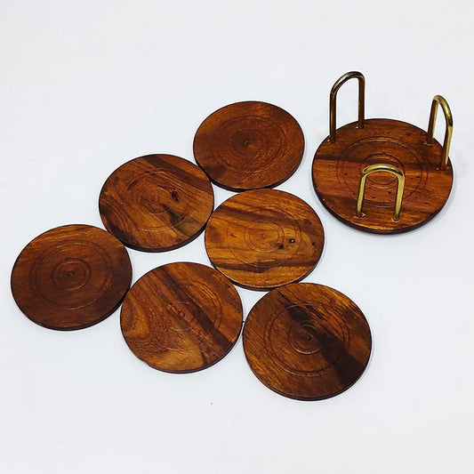 Handcrafted Round Wooden Coaster Set with Brass-Accent Holder (Set of 6)
