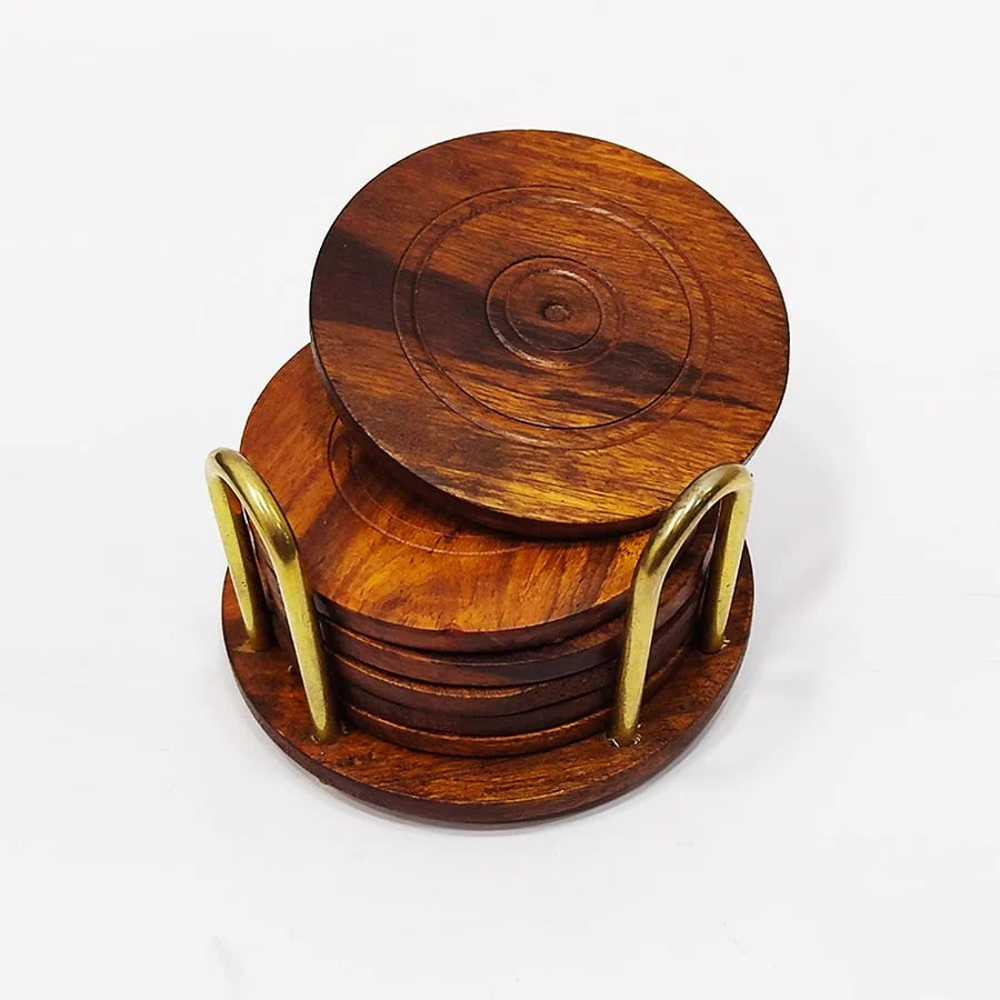 Handcrafted Round Wooden Coaster Set with Brass-Accent Holder (Set of 6)