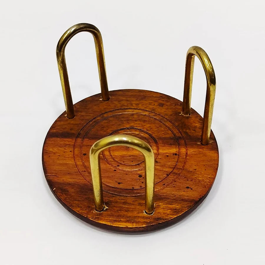 Handcrafted Round Wooden Coaster Set with Brass-Accent Holder (Set of 6)