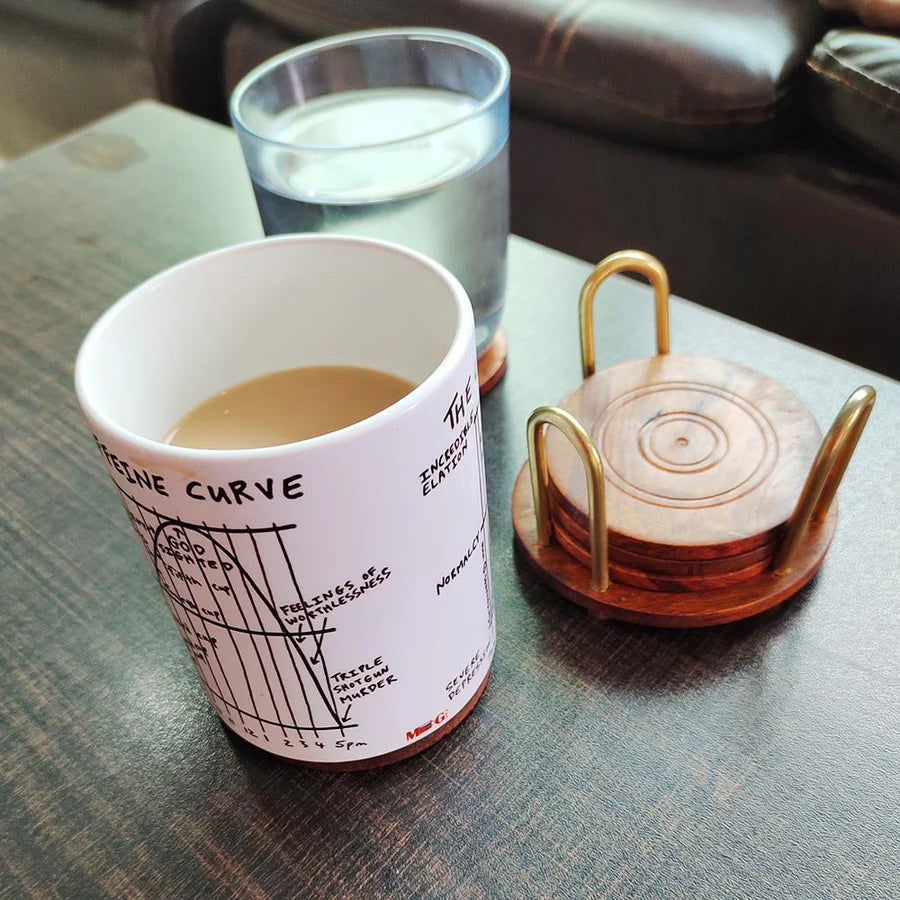 Handcrafted Round Wooden Coaster Set with Brass-Accent Holder (Set of 6)
